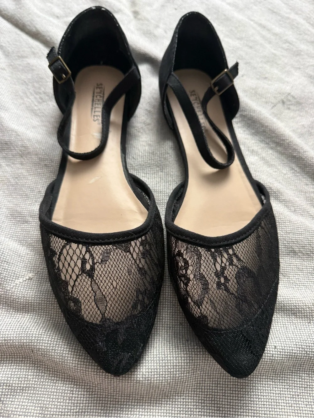 Seychelles Black Lace Pointed D'Orsay Flats with Ankle Strap